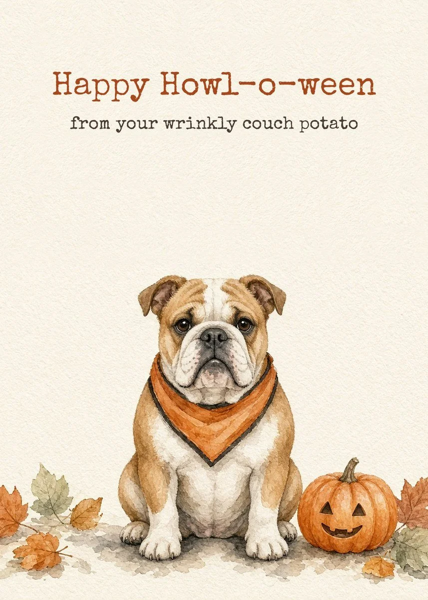 Printable Halloween card from the dog with a fawn and white English Bulldog in an orange bandana beside a jack-o'-lantern