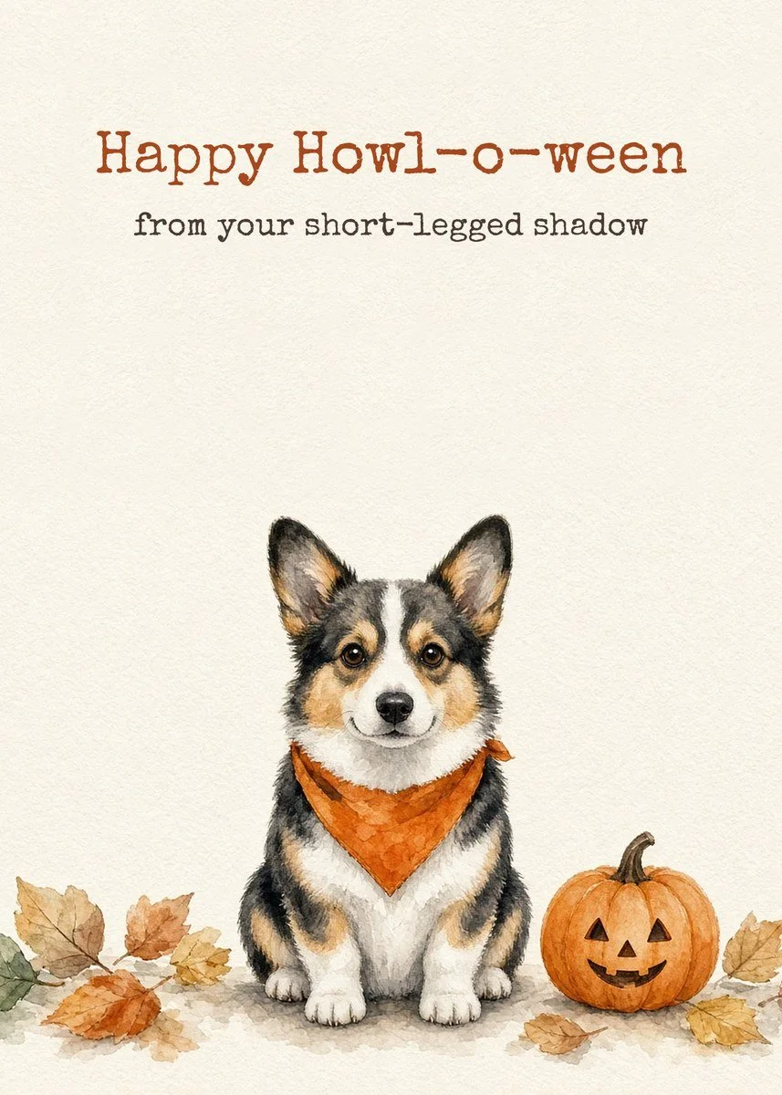 Printable Halloween card from the dog with a tricolor Pembroke Welsh Corgi in an orange bandana beside a jack-o'-lantern