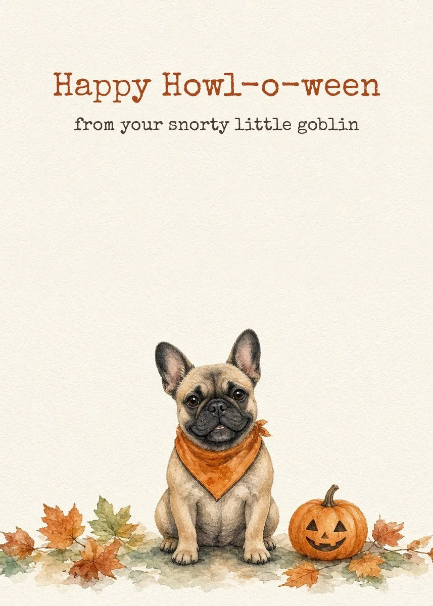 Printable Halloween card from the dog with a fawn French Bulldog in an orange bandana beside a jack-o'-lantern
