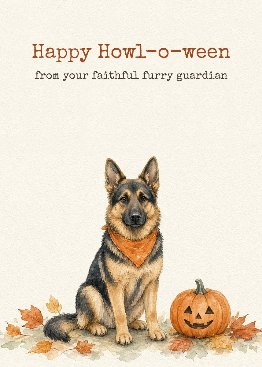 Printable Halloween card from the dog with a black and tan German Shepherd in an orange bandana beside a jack-o'-lantern