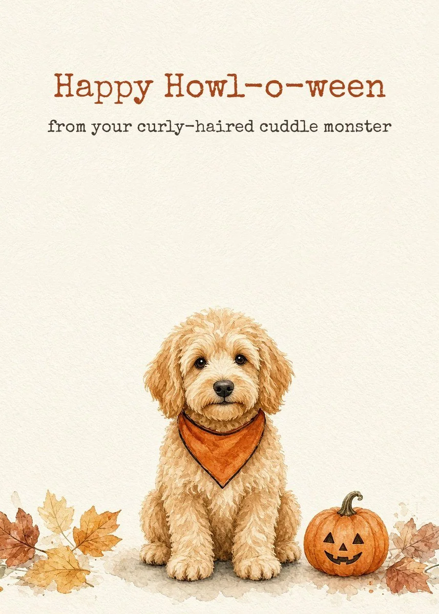 Printable Halloween card from the dog with an apricot Goldendoodle in an orange bandana beside a jack-o'-lantern