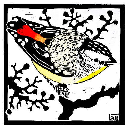 Illustration of a small bird with a red cap, striped back, yellow underside, and black-and-white markings perched among silhouetted branches