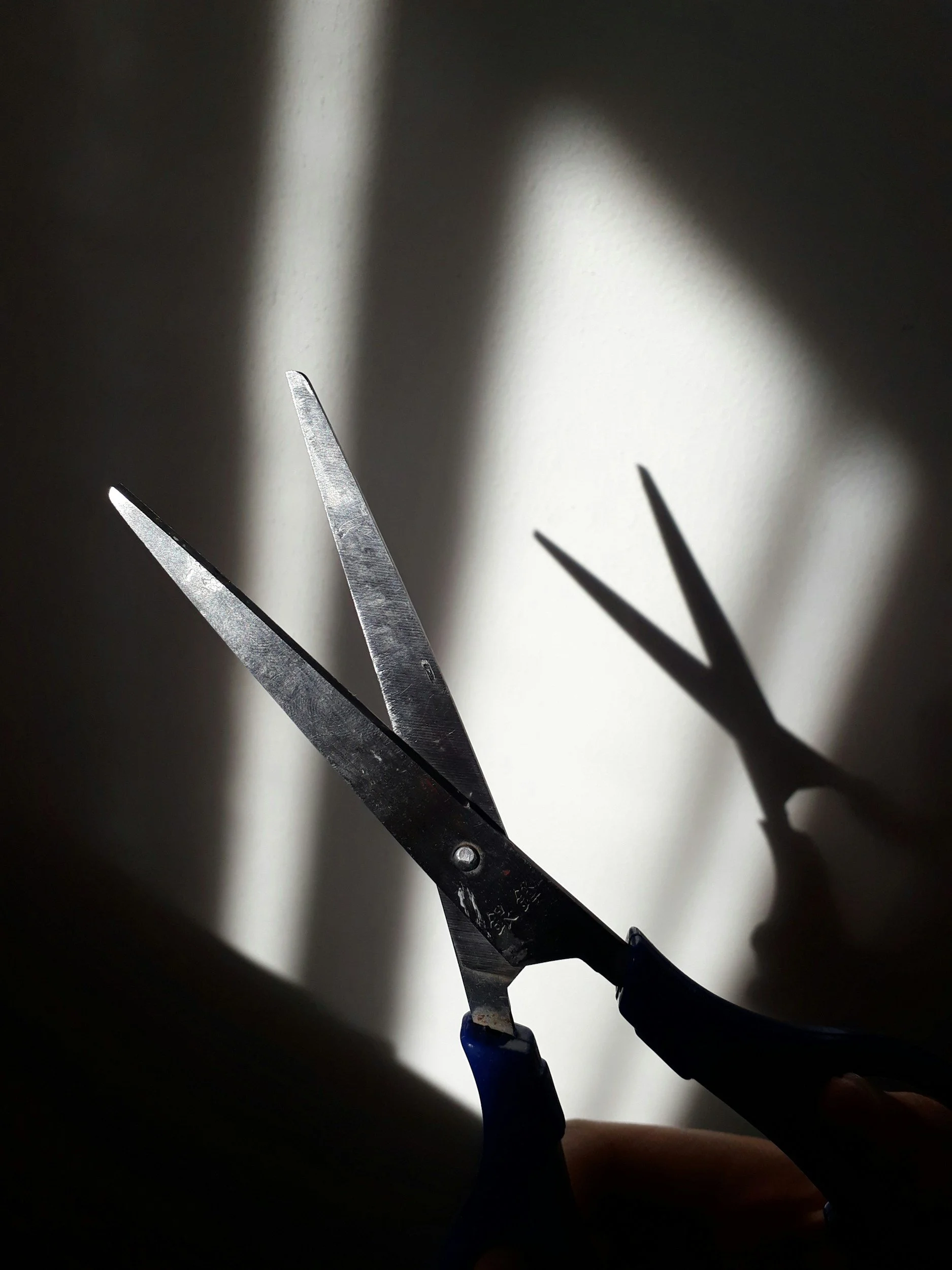 a stylised black and white noir image of a pair of scissors