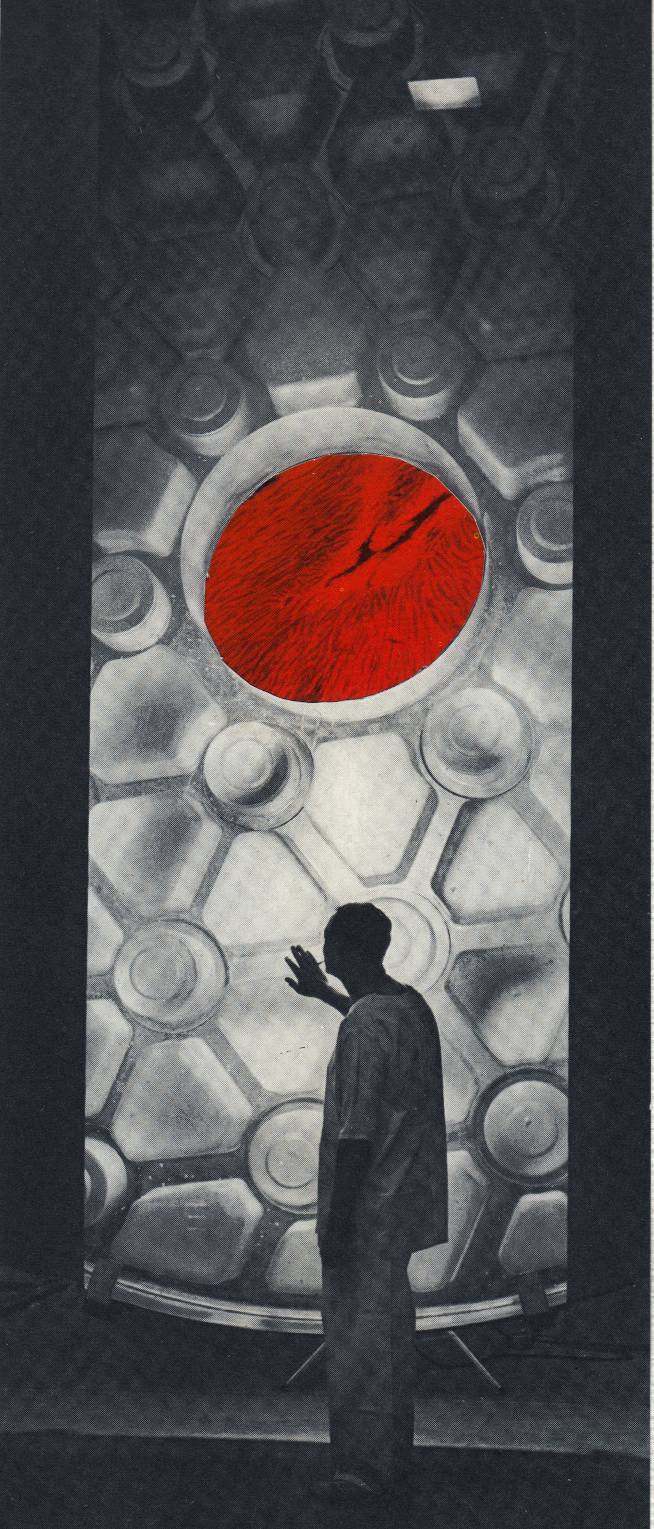 collage of black and white images, a man stretches out his arm in hope towards a futuristic window that reveals a mysterious bright red other worldly texture.