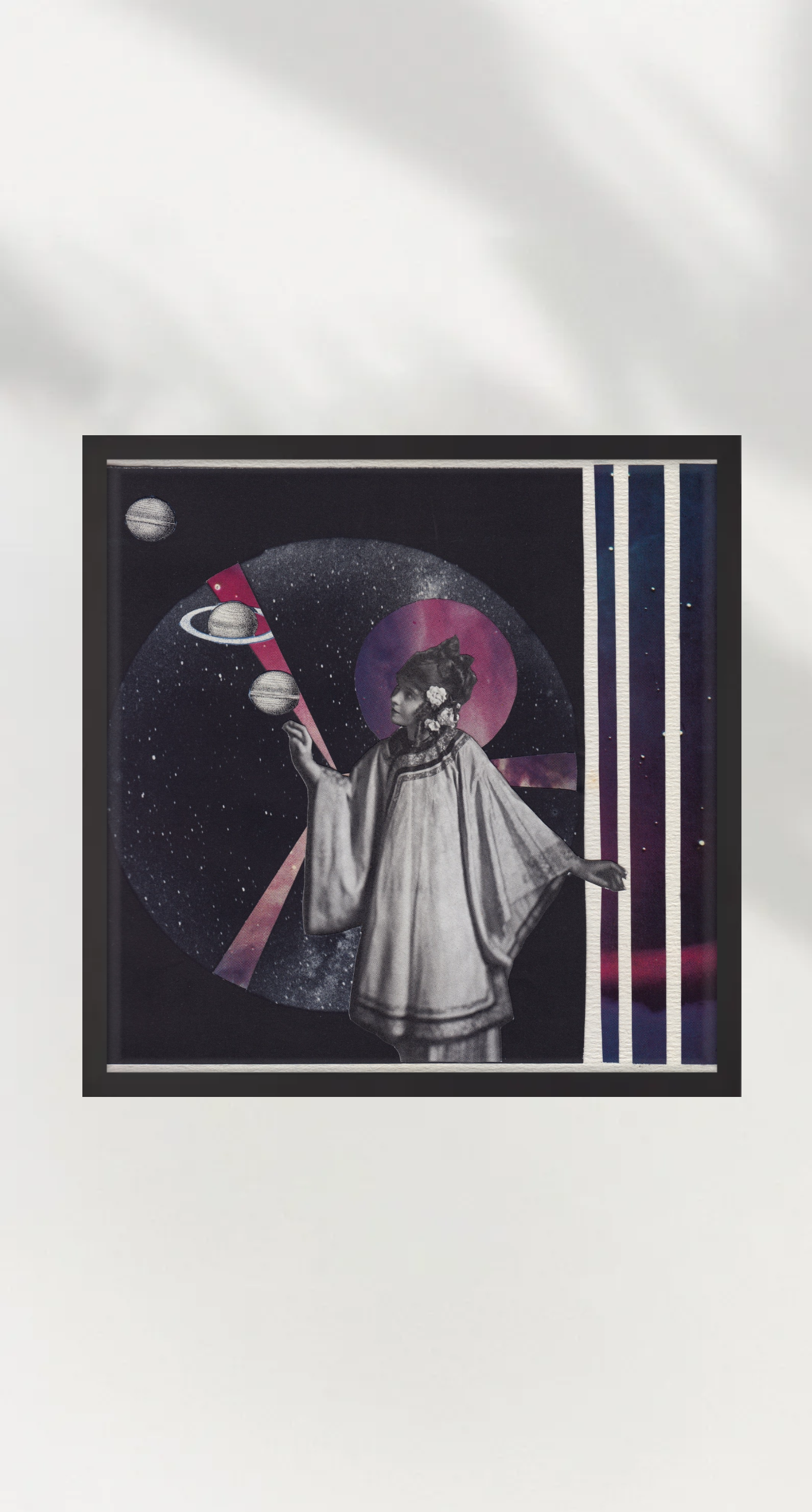 A paper collage by Amanda Clifford featuring a black and white image of Lilian Gish in vintage Chinese attire, looking out at several lavender planets on a black and white patterned background