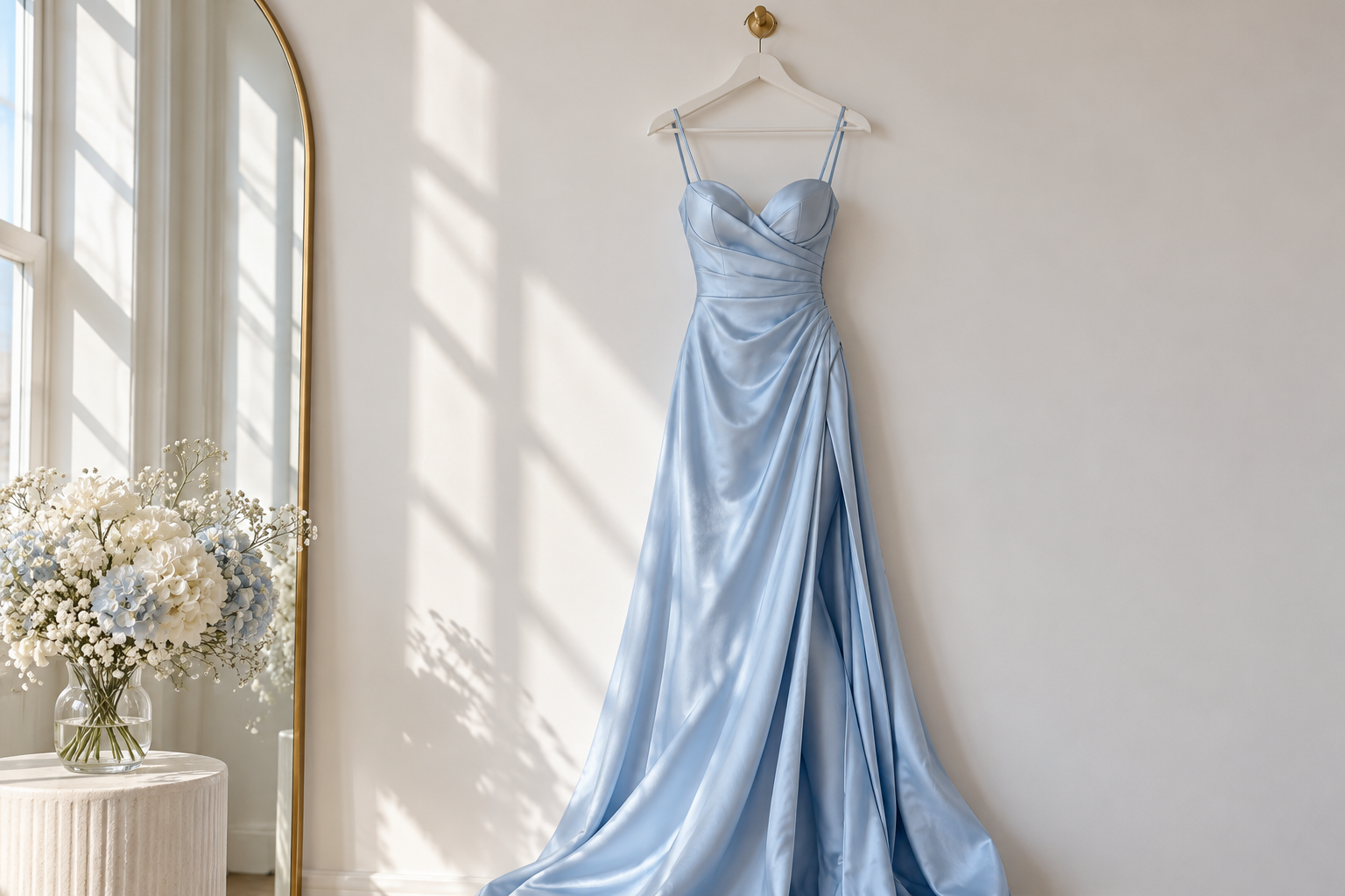 Light blue satin wedding dress hanging on a white hanger on a wall, with sunlight streaming through nearby windows and a bouquet of white and blue flowers on a table nearby.