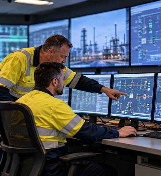 Two engineers in yellow safety vests working at computer stations with multiple monitors displaying power grid simulations and weather scenes outside the window.