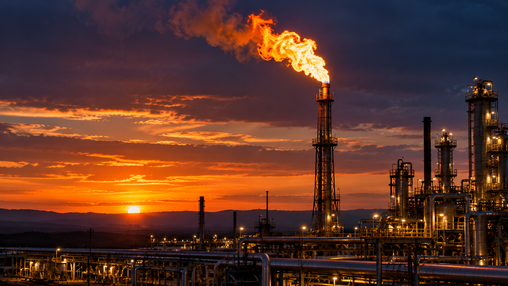An industrial oil refinery with multiple tall structures and pipelines at sunset, with a fiery flare coming out of one of the tall stacks.