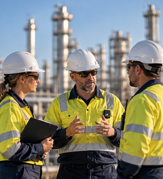 Three industrial workers wearing yellow safety vests, hard hats, and safety glasses, having a discussion at an industrial site with large pipes and towers in the background.