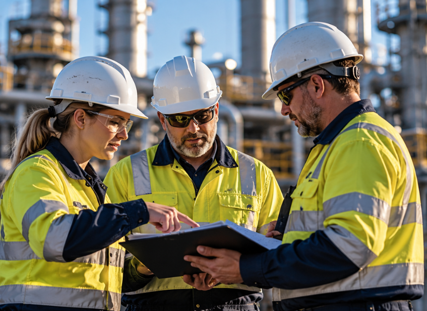 Three construction workers in safety gear reviewing plans at an industrial site.