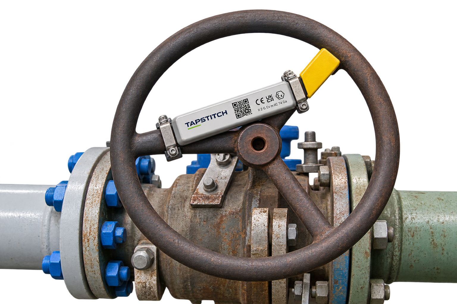 Tapstitch Position Assurance Puck mounted on an industrial valve handwheel to independently monitor valve position