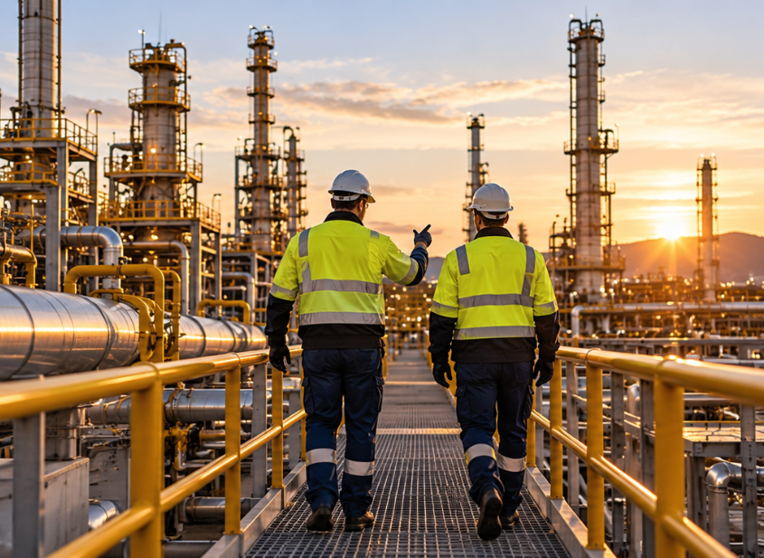 Two workers in safety gear walking on an industrial platform at sunset in an oil refinery or chemical plant.