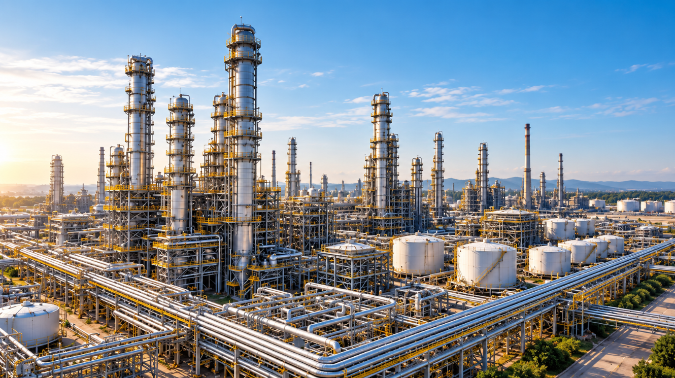 An industrial oil refinery with tall distillation columns, storage tanks, and extensive piping under a partly cloudy sky.