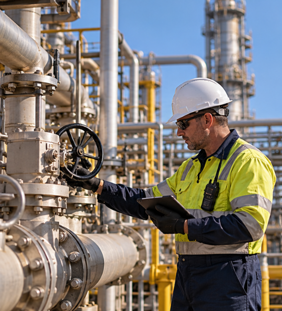 A worker in safety gear, including a white helmet, yellow safety vest, and gloves, inspecting industrial pipes with a clipboard at an oil or chemical plant.