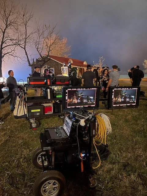 Video assist monitors on a night exterior