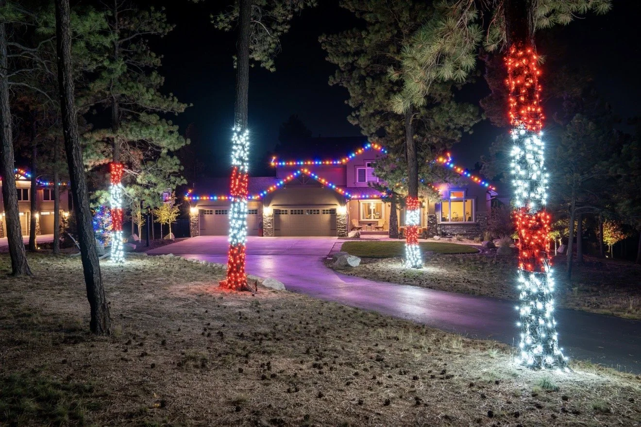 A house decorated with colorful Christmas lights at night, with trees wrapped in red and white lights lining the driveway.