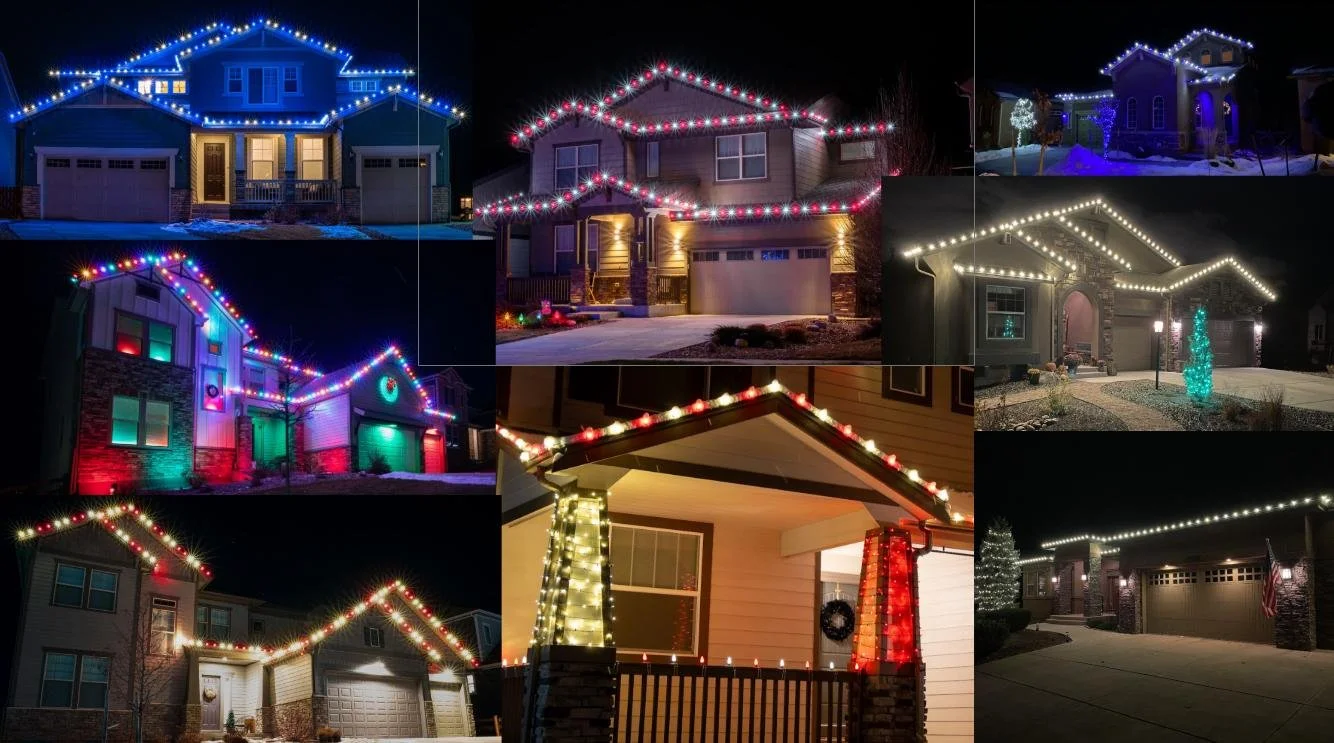 Various houses decorated with colorful Christmas lights at night.