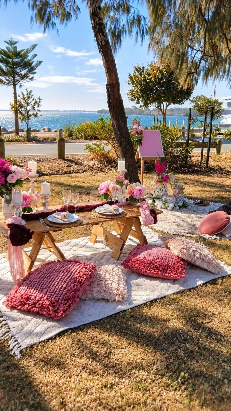 Pink pop-up picnic with cushions and florals near the beach, Gold Coast
