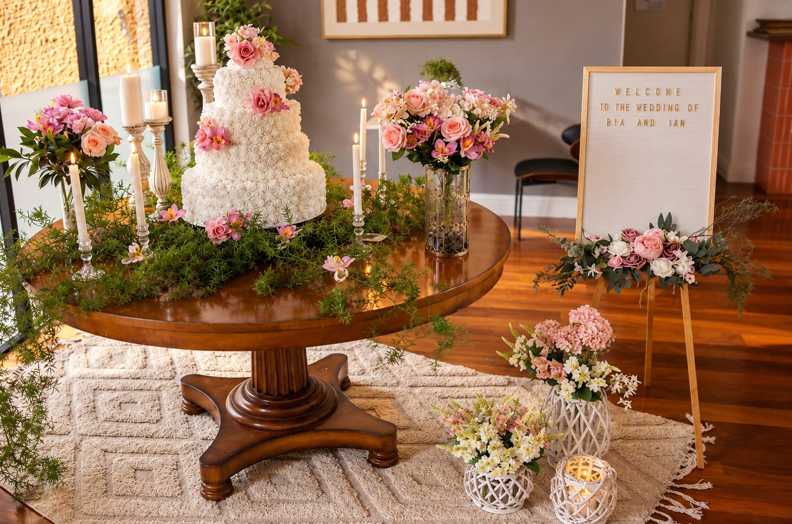 Cake and welcome sign display with pink florals and candles for an event or wedding, Gold Coast