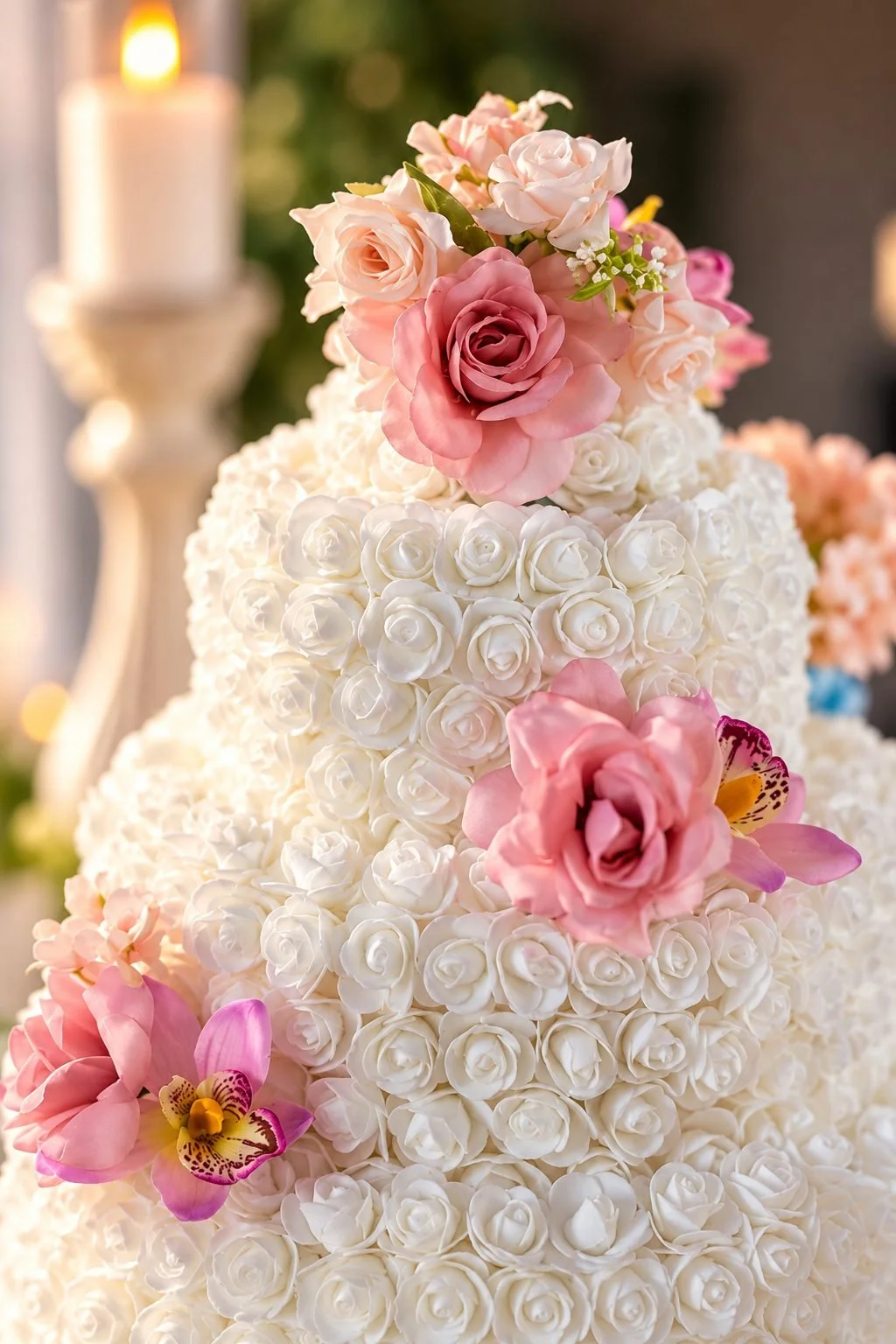 Close-up of a rose-covered cake with pink roses and orchids, Gold Coast