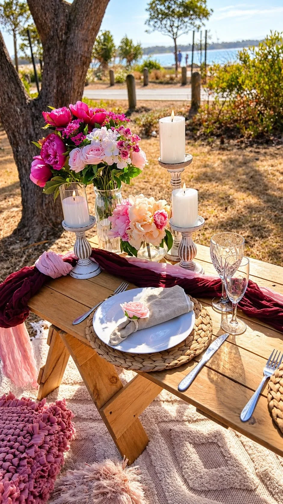 Picnic table with pink florals, candles and linen napkins, Gold Coast