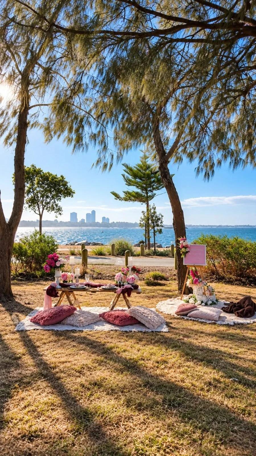Pop-up picnics under the trees with pink cushions and rugs, Gold Coast