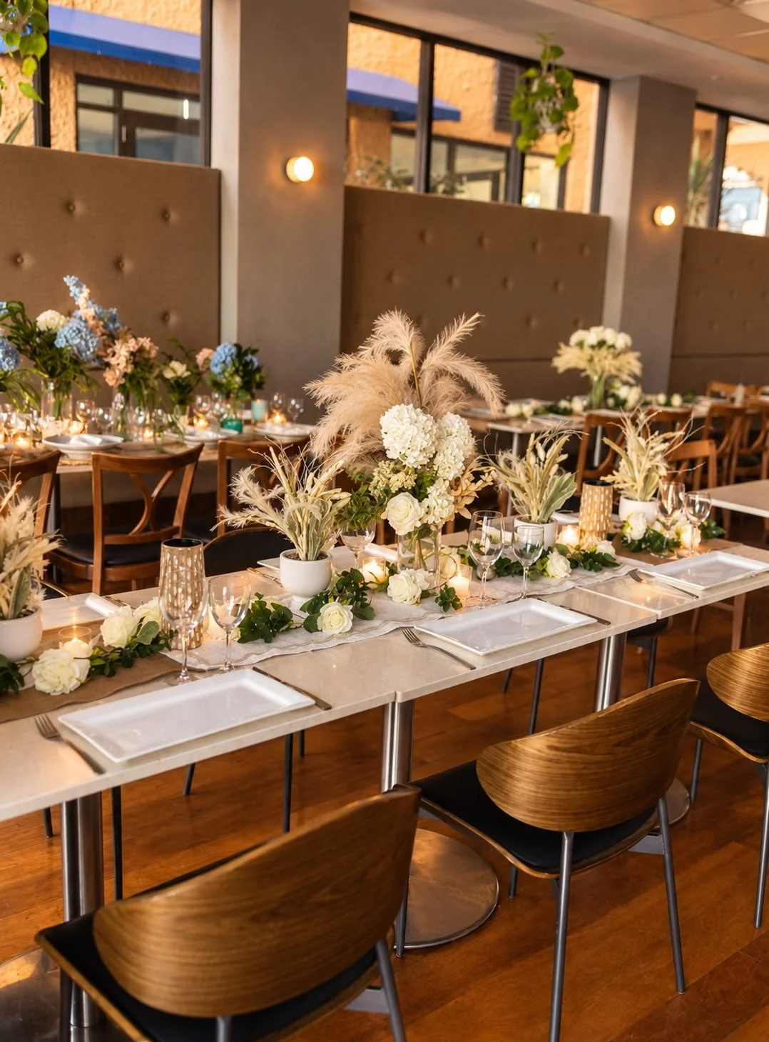 Long table event with pampas grass and white florals in a restaurant, Gold Coast