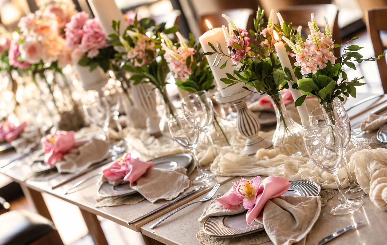 Pastel floral table setting with pink napkins and crystal glassware, Gold Coast