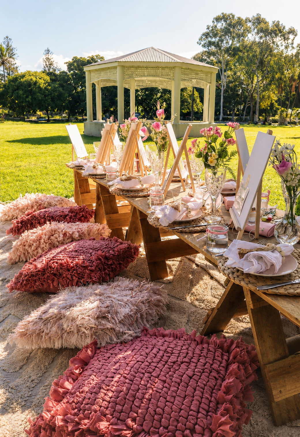 Lakeside picnic setup with cushions and candles, Gold Coast