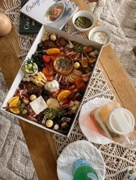 Grazing box with cheeses, cured meats, fruit and dips, Gold Coast