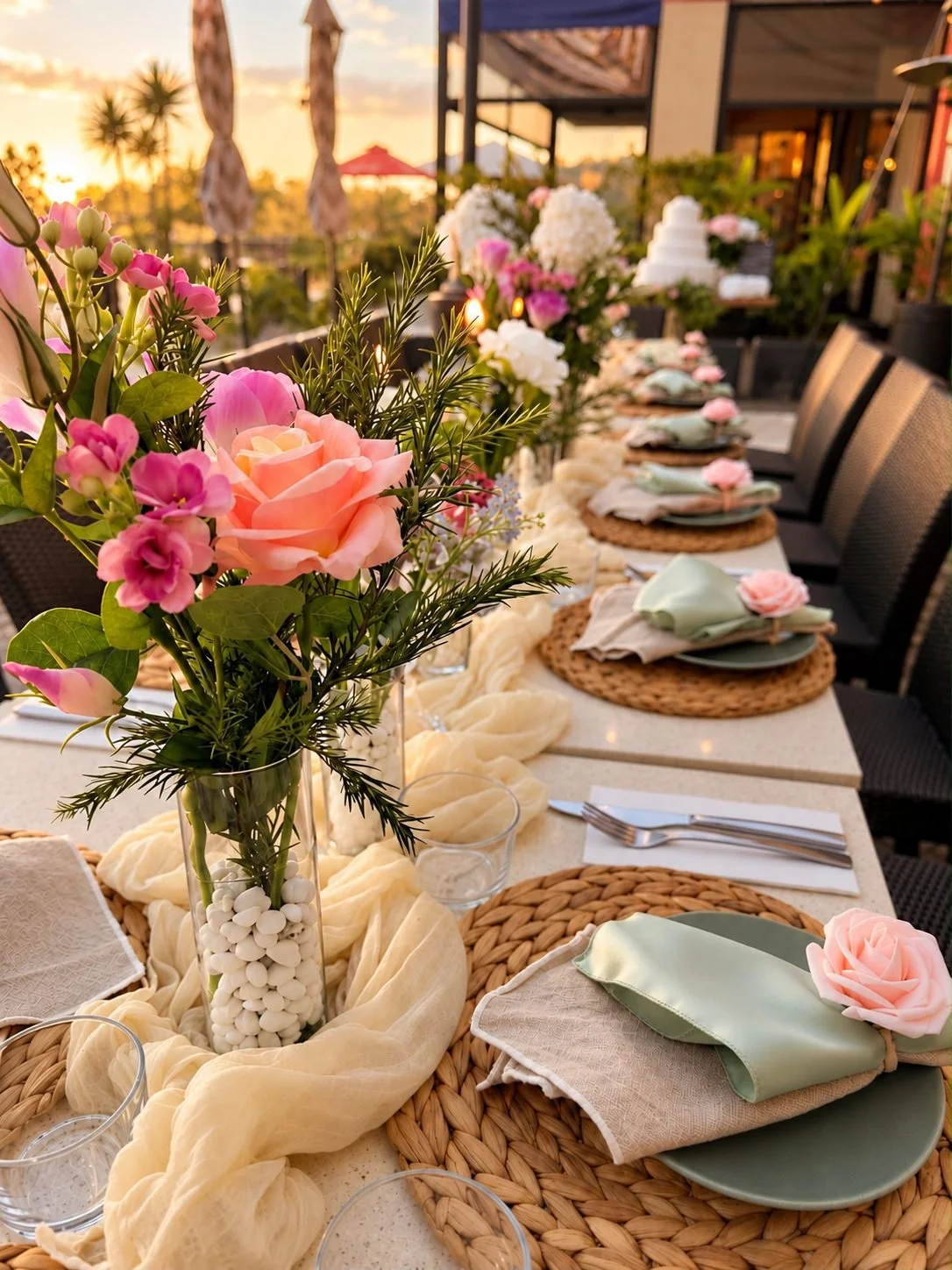 Long table event with pink roses, sage napkins and cream table runner, Gold Coast