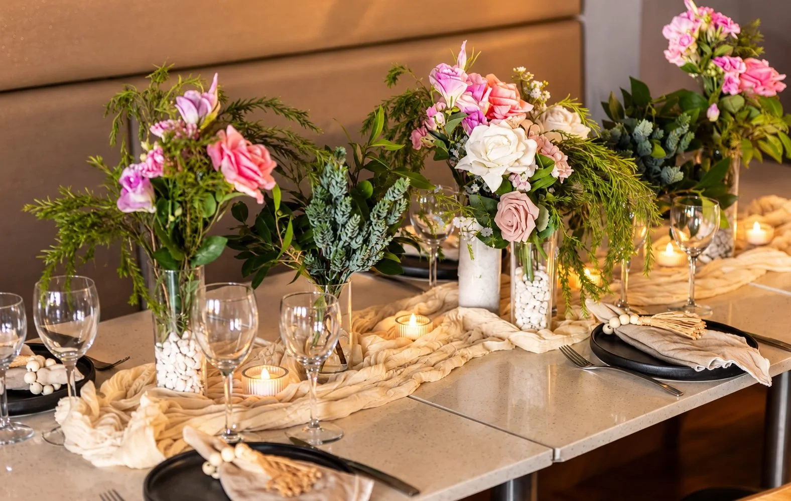 Blush floral tablescape with candles for an event or wedding, Gold Coast