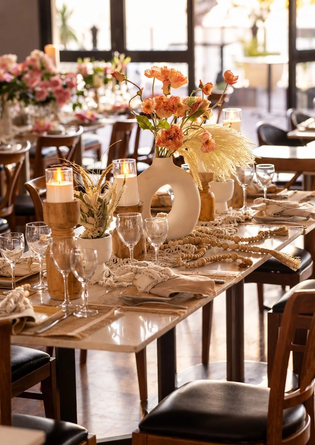 Sunlit boho table setting with macramé and dried florals, Gold Coast