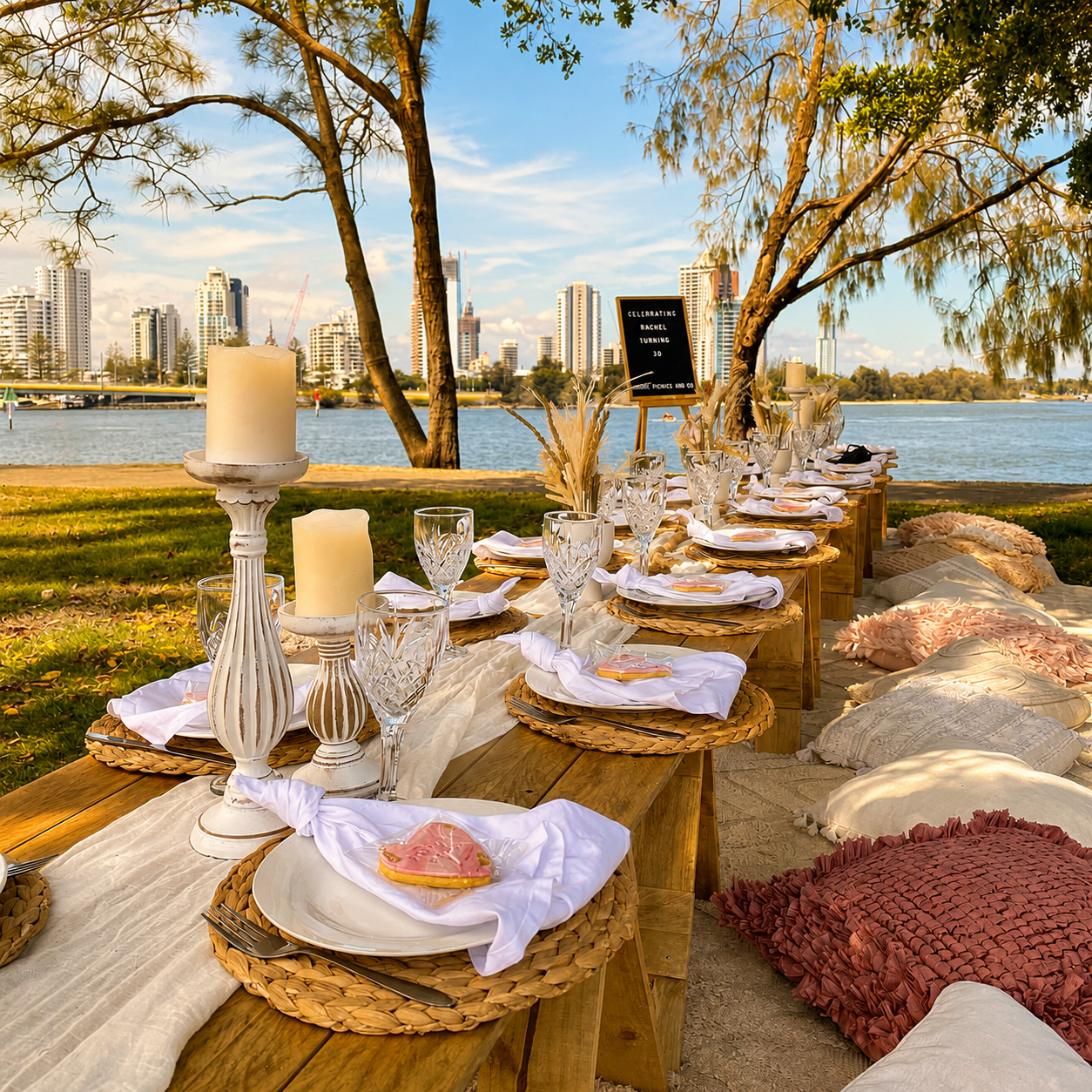 Waterfront pop-up picnic with the Surfers Paradise skyline, Gold Coast