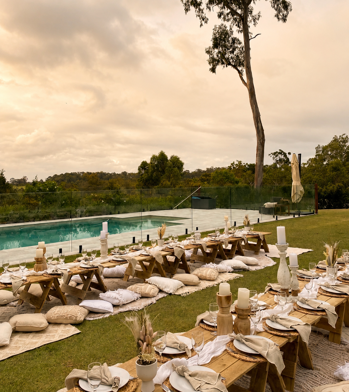 Pop-up picnic under the trees with cushions and rugs, Gold Coast
