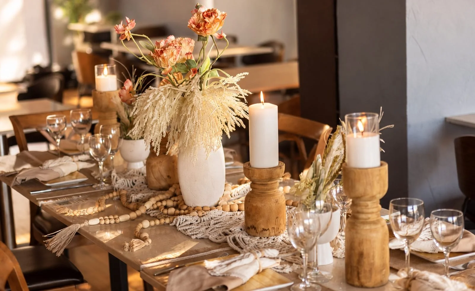 Boho centrepiece with pampas grass and warm candlelight, Gold Coast