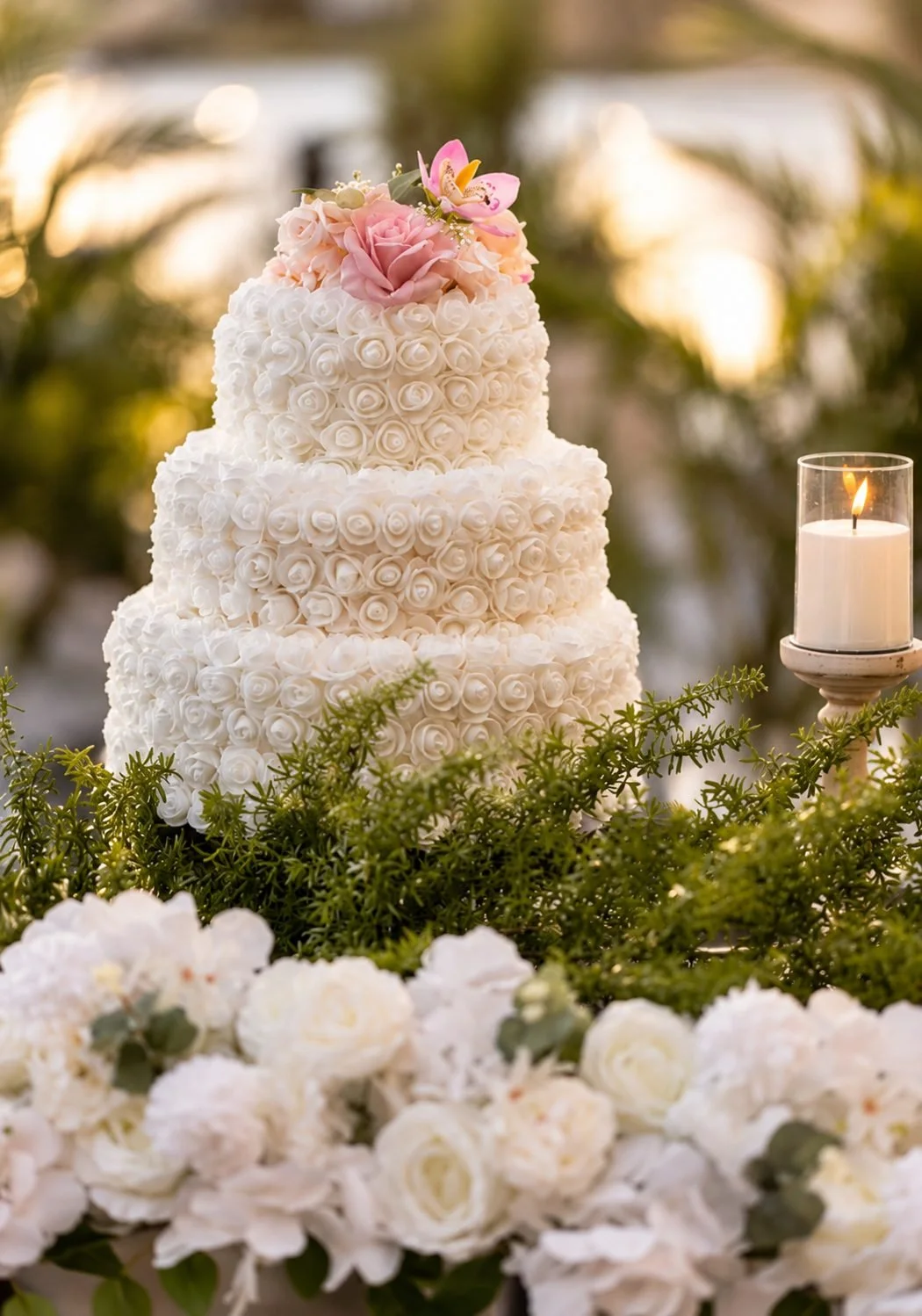 White rose-covered celebration cake with pink florals, Gold Coast