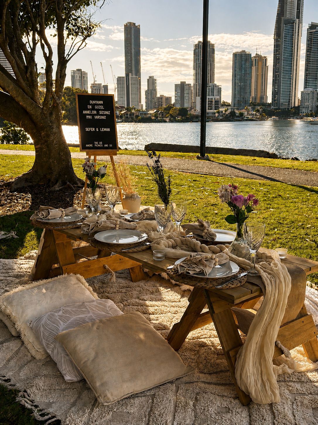 Styled picnic table with linen napkins and woven placemats, Gold Coast