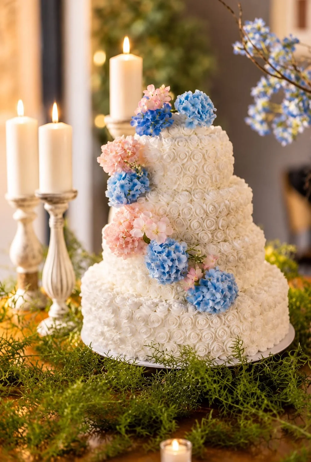 White tiered cake decorated with blue hydrangeas and pink roses, Gold Coast