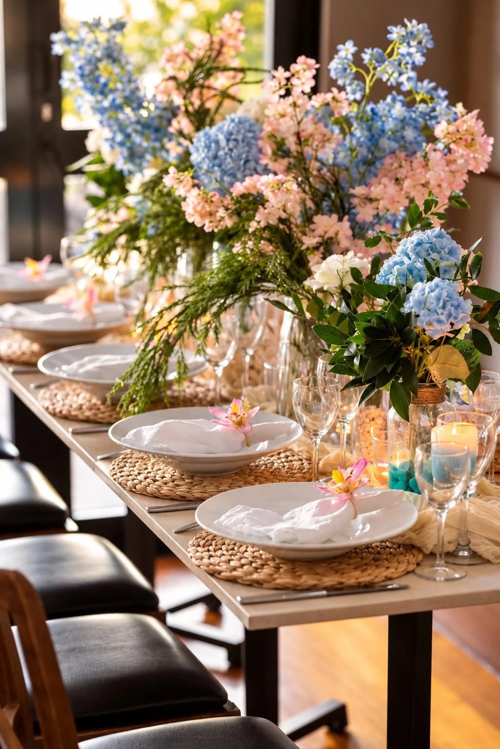 Event table with blue hydrangeas and pastel florals, Gold Coast