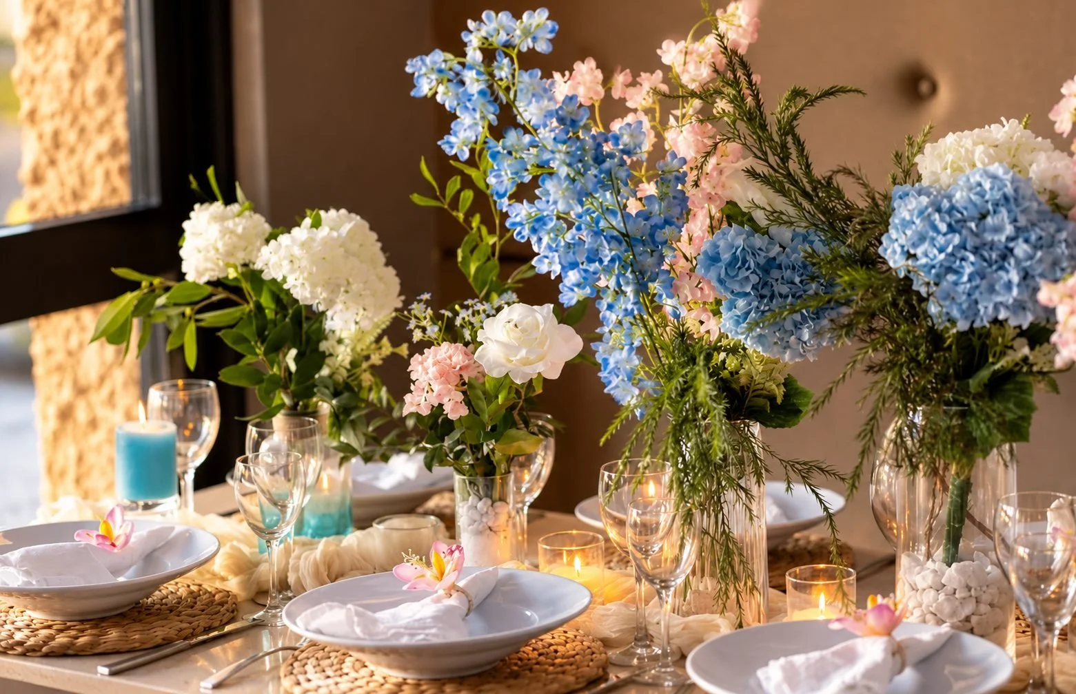 Blue and blush floral table setting for a celebration, Gold Coast