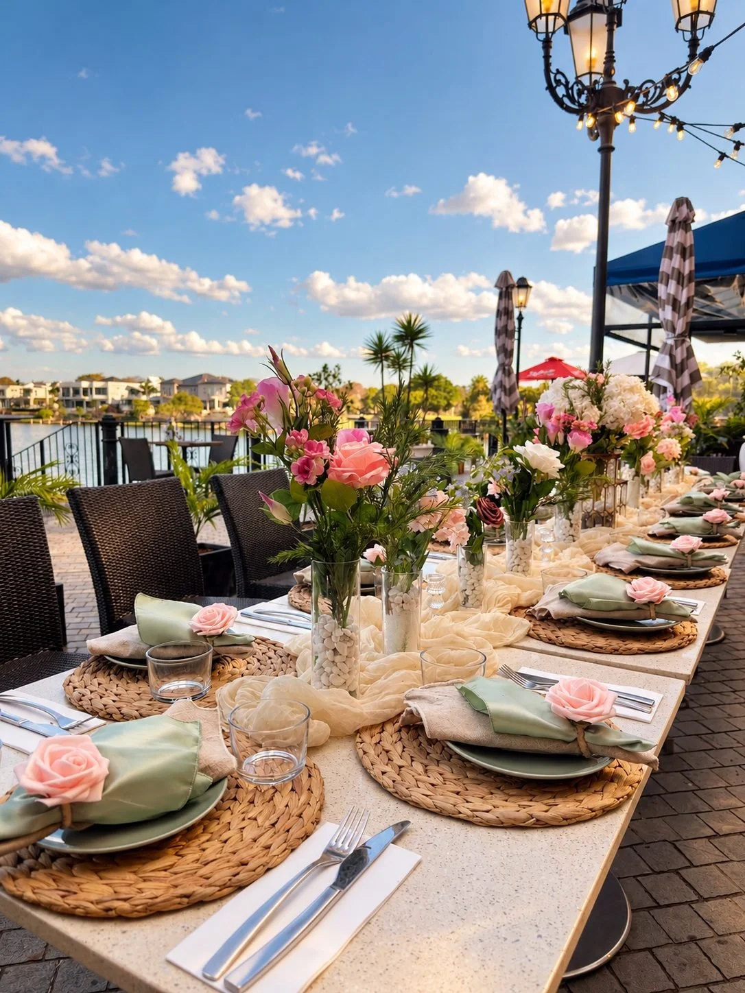Waterfront long table event with pink roses, woven placemats and blue sky, Gold Coast