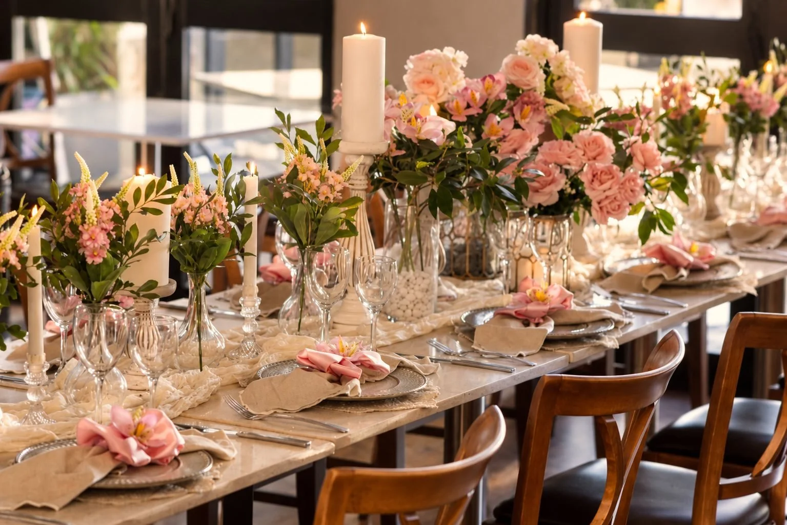 Blush floral long table for an event or wedding reception with candles, Gold Coast