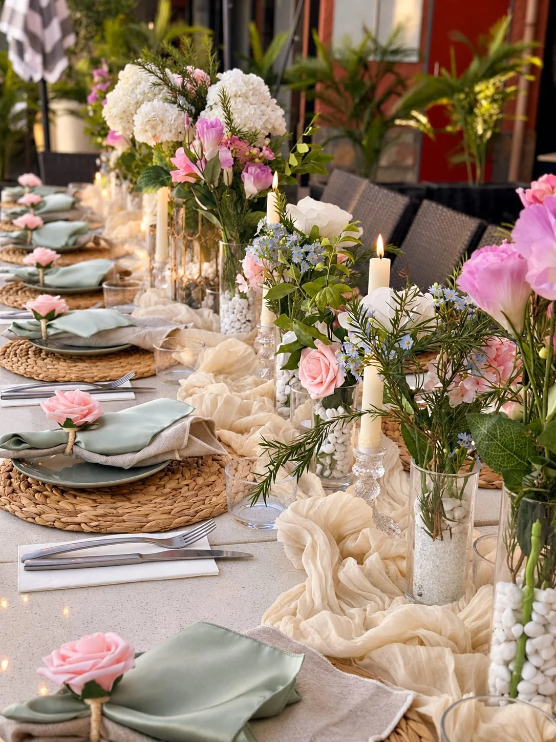 Garden long table celebration with pink and white florals, Gold Coast