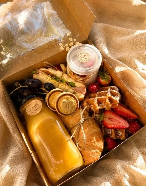 Breakfast box with juice, waffles, pastries and fresh fruit, Gold Coast