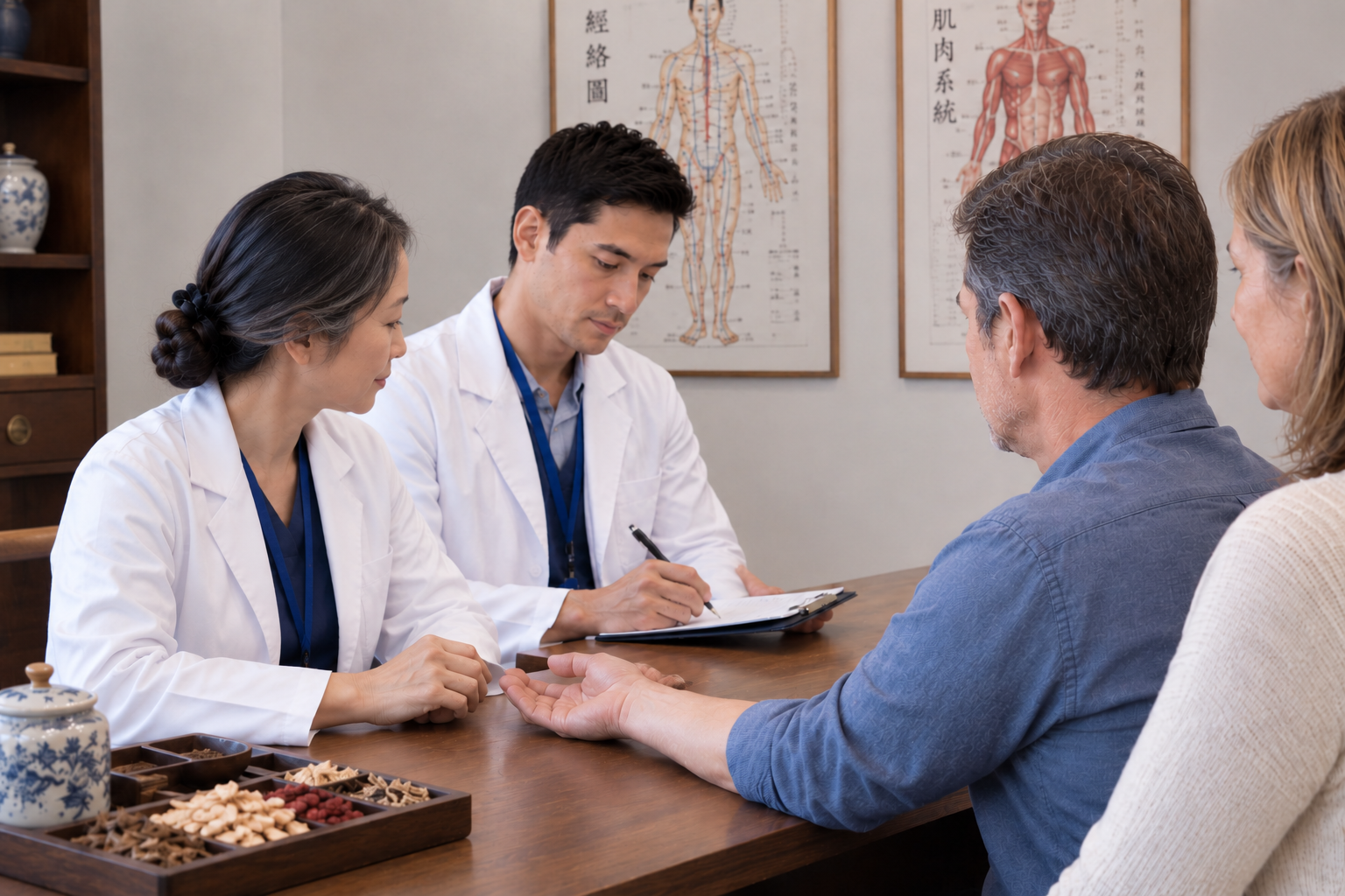 Acupuncturists discussing a patient's care at a traditional Chinese medicine clinic.