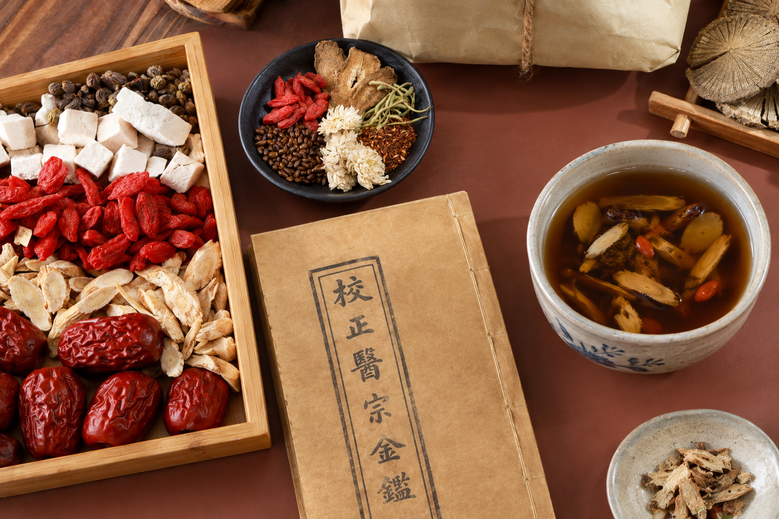 Traditional Chinese herbal medicine ingredients, dried herbs, goji berries, red dates, and a traditional medicine book.