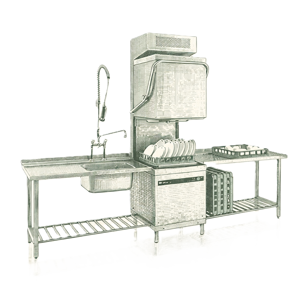 Illustration of a commercial kitchen dishwashing station with a sink, industrial dishwasher, dish racks, and conveyor shelves