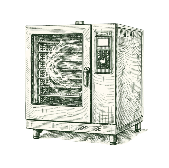 Vintage black-and-white illustration of a commercial vending machine with shelves of packaged food and a control panel.