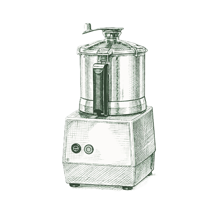 Vintage countertop food processor with a cylindrical bowl, lid, handle, and two front control buttons